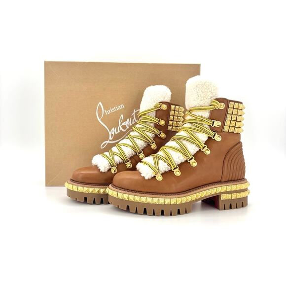 NIB Christian Louboutin Yeti Donna Shearling Sheep Fur Studded Lug Boots 37 - Picture 2 of 9
